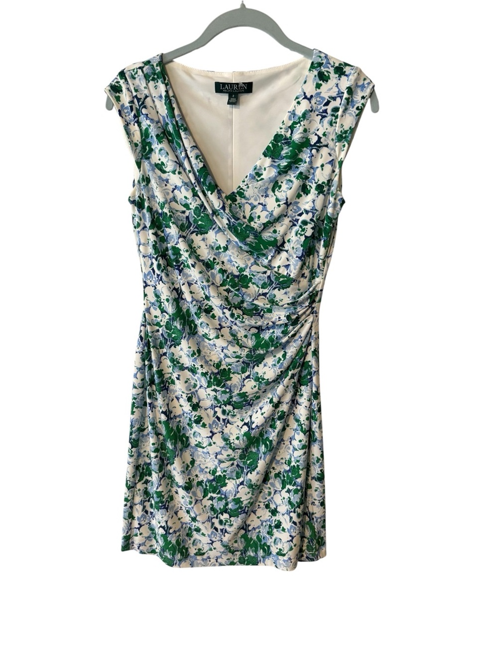 Ralph Lauren Green and White Floral Draped Neck Mini Dress